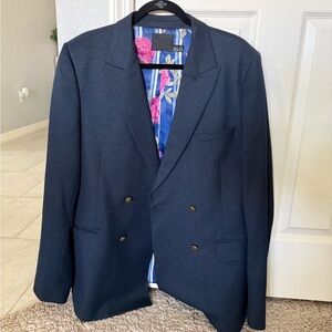 ASOS Double-Breasted Navy Blazer with Floral Lining